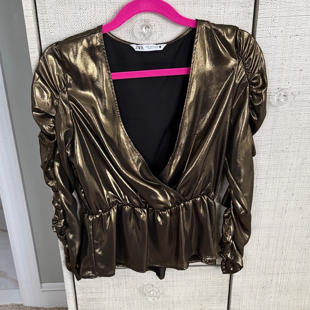 Zara Metallic Bronze V-Neck Blouse